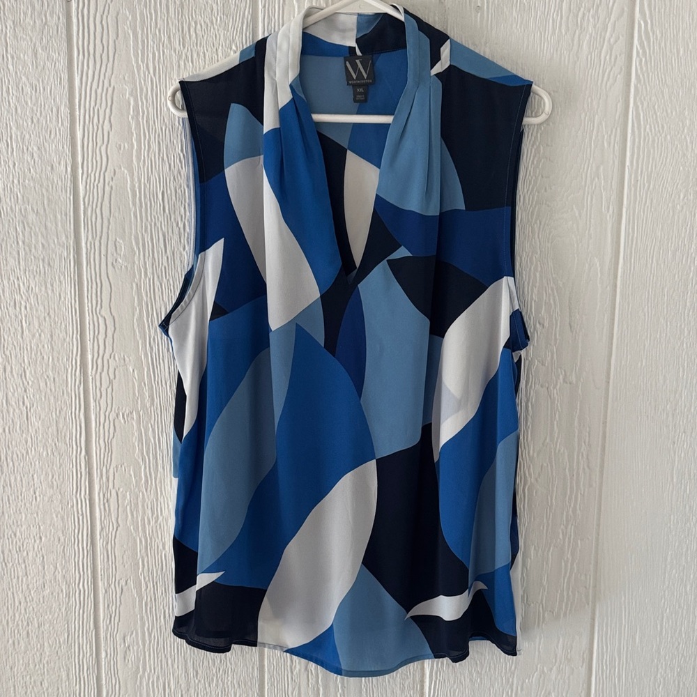 Worthington Sleeveless Chiffon Blouse Blue Geometric Flowy Top Women’s XXL NWT